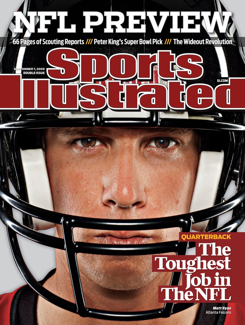 Sports Illustrated cover, September 2009 NFL Preview: Matt Ryan of the Atlanta Falcons in his helmet, under the headline "Quarterback: the toughest job in the NFL".