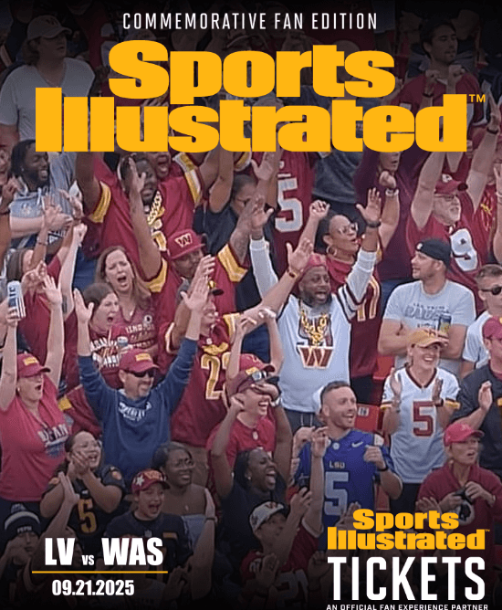 Commemorative Sports Illustrated fan cover for Las Vegas at Washington, 21 September 2025, showing a crowd of Commanders fans celebrating.