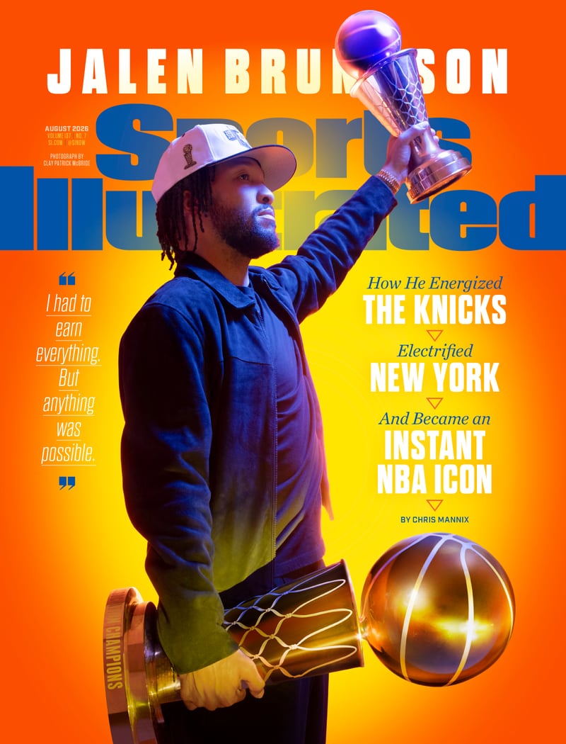 Sports Illustrated cover, August 2026: Jalen Brunson of the New York Knicks holding the NBA championship trophy.